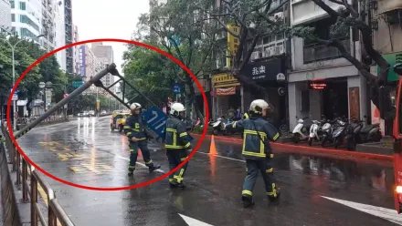 台北市災情！大貨車疑天雨打滑　交通號誌桿「整根被撞倒」