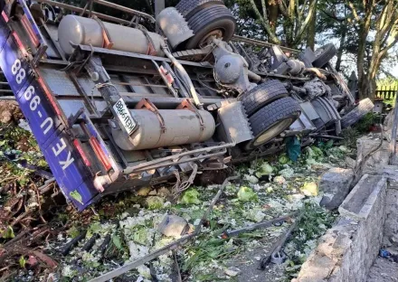 影/南投貨車過彎失控！撞民宿圍牆翻覆　路面變「高麗菜海」