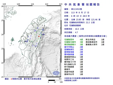 快訊/一早連2震！花蓮規模4.7地震、宜蘭南澳3.8　皆屬「極淺層地震」