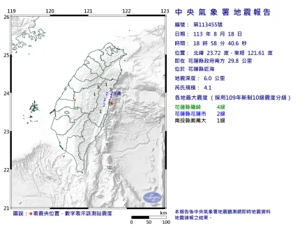 快訊/18:58花蓮近海發生規模4.1地震　最大震度4級