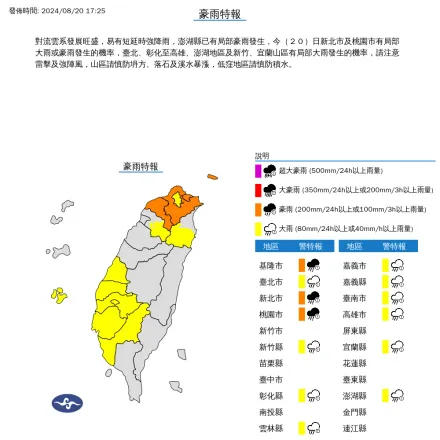 快訊/下班注意！5地區淹水警戒　13縣市發布豪大雨特報