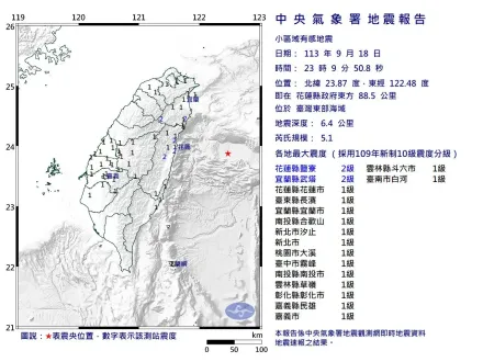 快訊/深夜地牛翻身！花蓮外海23:09規模「5.1極淺層地震」　最大震度2級