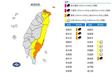 快訊/深夜雨彈「回馬槍」！「8縣市」遭山陀兒緊咬　「4地」亮橘燈防淹水