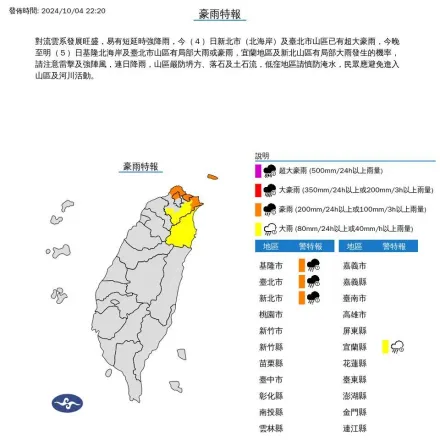 快訊/深夜最新警戒區域曝！氣象署針對4縣市發布豪大雨特報