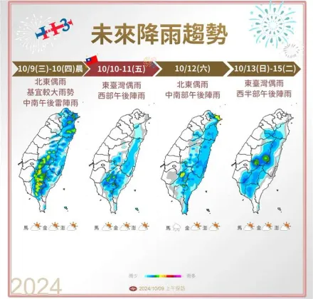 一圖秒懂國慶日天氣！　10/12起水氣又增「半個台灣溼答答」