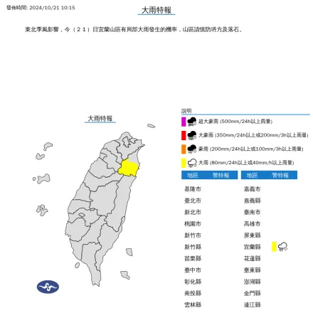 快訊/宜蘭縣山區大雨特報！　慎防坍方及落石