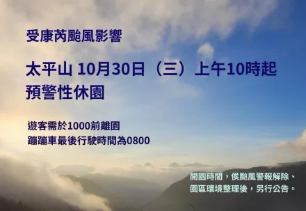 抵禦「康芮」！宜蘭太平山30日上午10時起預警性休園　開園時間未定