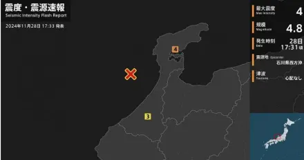 日本石川縣近海再爆4.8極淺層地震　最大震度4級