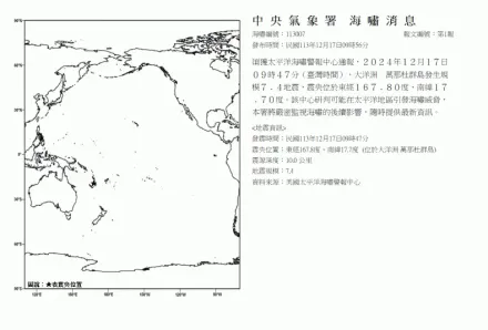 大洋洲萬那杜群島規模7.4地震！氣象署：可能引發海嘯