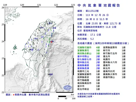 台灣東部海域16:08發生規模5.2地震！最大震度4級