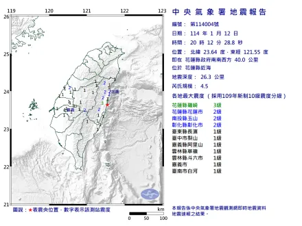 花蓮近海20:12爆規模4.5有感地震　11縣市有感