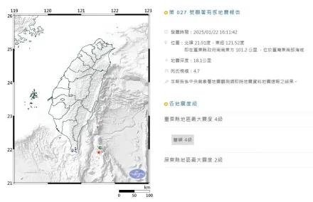 16:11東南部海域發生4.7極淺層有感地震　台東縣震度4級