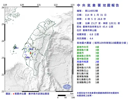 台南東山又搖了！04：05地震規模4.4　睡一半被晃醒