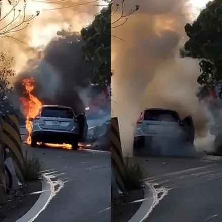 微熱山丘旁火燒車！百萬休旅車成廢鐵　駕駛乘客驚逃保命