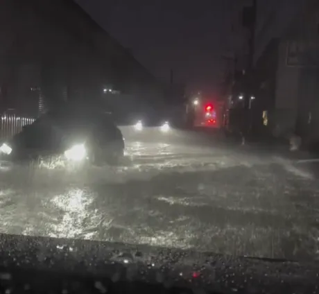 新北蘆洲1日晚間下起豪雨，民眾目擊整條馬路積水變成「小溪」。（圖／Threads@lingjane03授權提供）