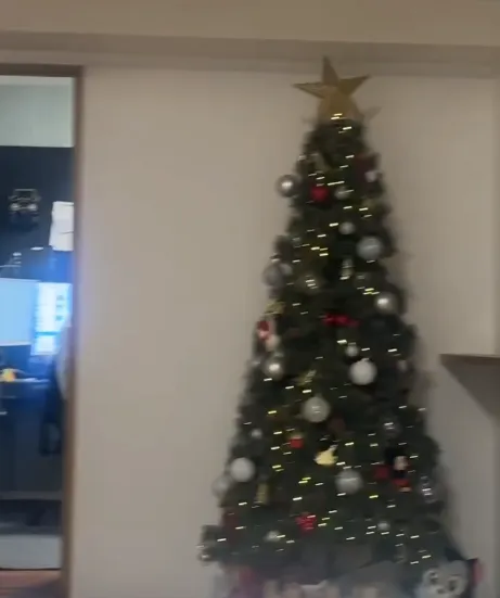 1名在北海道的台灣網友直擊地震發生瞬間,室內的聖誕樹前後左右搖晃。(圖/Threads@xuanxuano.o授權提供)