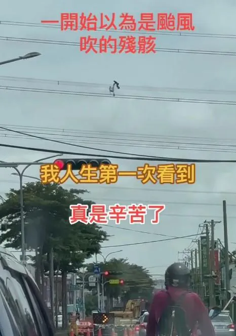 台電維修人員在數層樓高的電線上行進。(圖/@yeaphone2授權提供)