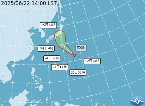中央氣象署22日下午發布最新消息指出，熱帶性低氣壓TD03已於14時生成，預計將發展成今年第2號颱風「聖帕」。（圖／氣象署）
