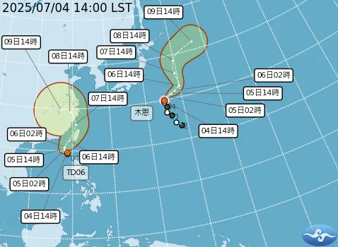 目前台灣附近有輕颱木恩、熱帶性低氣壓TD06活動，其中TD06可能北上影響台灣。（圖／中央氣象署提供）