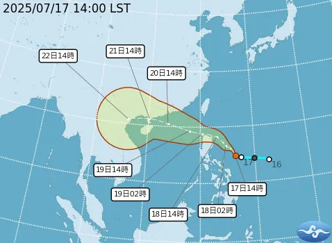 路徑預報顯示，熱帶性低氣壓TD09大致會從台灣以南通過，登陸率不高。（圖／氣象署）