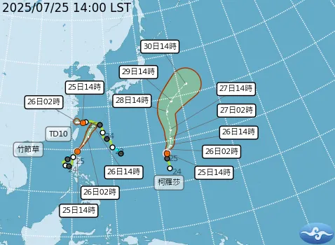 氣象署指出，原本的范斯高颱風已減弱為熱帶性低氣壓。在其外圍雲系影響下，迎風面的北部地區將出現廣泛且持續的陣雨，並有發生大雨或豪雨的機率。（圖／氣象署）