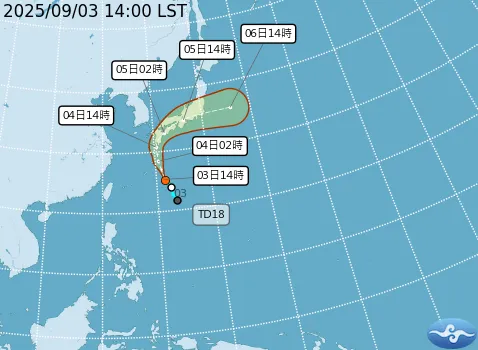 中央氣象署指出,日本南方海面的熱帶性低氣壓TD18預計於明天凌晨增強為今年第11號颱風「琵琶」,預計將影響日本九州及四國地區。(圖/中央氣象署)