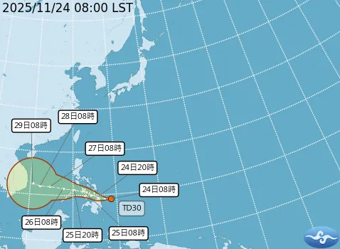 熱帶性低氣壓TD30今生成。（圖／中央氣象署）
