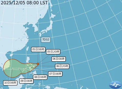 熱帶性低氣壓TD32預測路徑。（圖／中央氣象署）