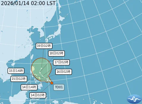 今年第一個熱帶性低氣壓TD-01於今天凌晨在菲律賓東方海面生成。(圖/中央氣象署)