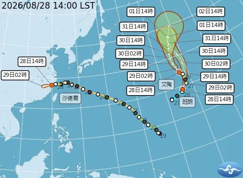 新生成的艾陶、班朗颱風預計往北移動,不會影響台灣。(圖/翻攝自中央氣象署官網)