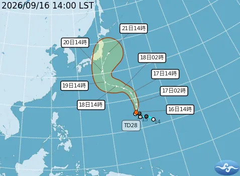 熱帶性低氣壓TD28路徑潛勢預測。(圖/氣象署提供)