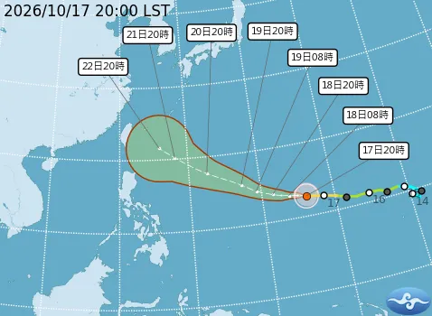 關島東方海面上的颱風薔琵於今（17）日晚間8時增強為強烈颱風，僅花18個小時完成變身，最新路徑更不斷西修。（圖／氣象署提供）