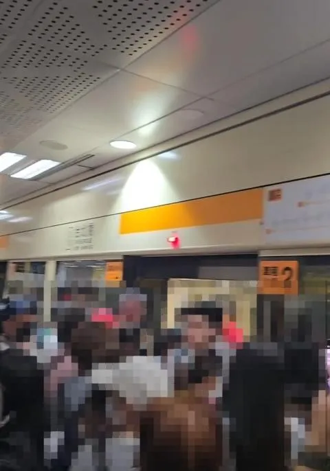 9日上午7時25分許,台北捷運台北橋站,因車門卡異物故障,列車停駛,大批乘客擠在月台上。(圖/翻攝Threads/ jingfeng0156)