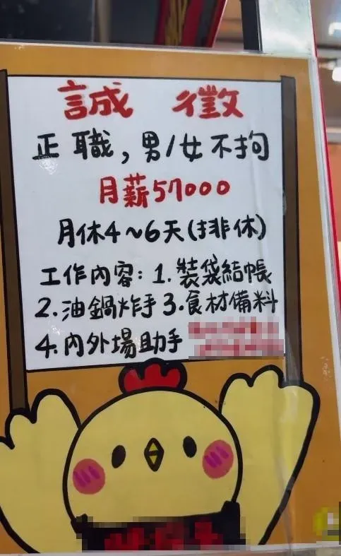 新竹一間炸雞店徵人，開出月薪57K。（圖／Threads／＠eat_meitingo提供）