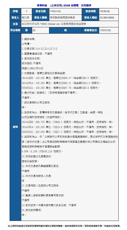 根據台積電公告，該公司在114年12月22日至115年1月2日間完成了三筆債券交易。（圖／翻攝自公開資訊觀測網站）