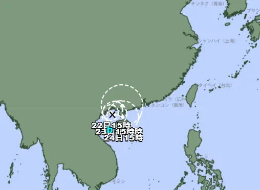 海南島附近一個熱帶性低氣壓已於今天下午生成,預估24小時內將增強為今年第19號颱風「紫檀」。(圖/翻攝日本氣象廳)