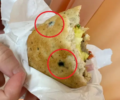 該麵包體多處可見發霉，店家卻甩鍋稱「新人搞錯誤拿」。（圖／翻攝自Dcard）