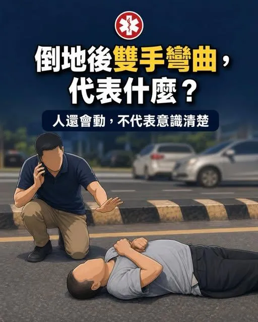 台中發生行車衝突，李男遭毆倒地雙手彎曲，救護人員說明此姿勢恐為GCS昏迷指數中的病態屈曲警訊。（圖／救護粉專「消防Chiu桑」）