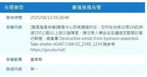 氣象署今(13)日清晨5點28分針對台東縣綠島鄉發布颱風強風告警。(圖/氣象署提供,下同)