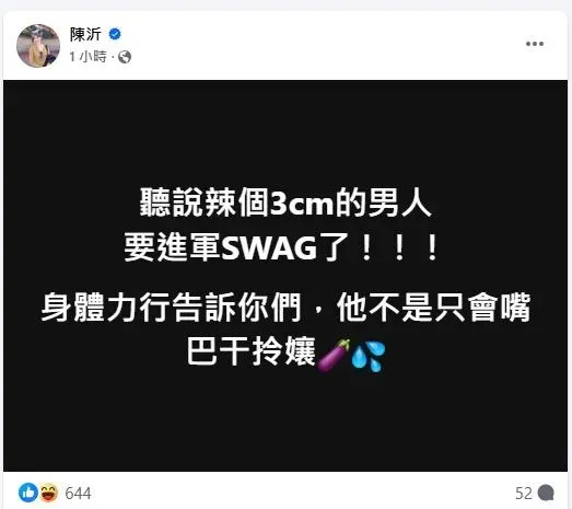 陳沂在臉書寫下：「聽說辣個3cm的男人要進軍SWAG了！」。（圖／翻攝自陳沂　臉書）