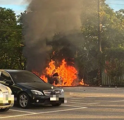 屏東南州交流道旁超商發生火燒車事件,現場火勢相當猛烈。(圖/民眾郭承鑫提供)