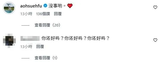 郭雪芙22日親自現身IG貼文留言區報平安。(圖/翻攝IG aohsuehfu)