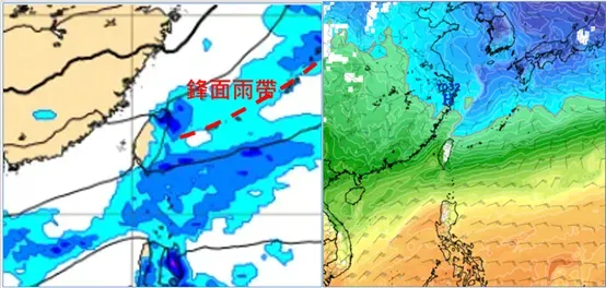 歐洲模式(ECMWF)，週三(15日)14時地面氣壓及降水圖顯示，鋒面雨帶挾強冷空氣南下，迎風面有雨（左圖）。歐洲模式(ECMWF)，週四(16日)20時850百帕氣溫及風場圖顯示，零度(紅)線在北部近海，調整得更接近陸地（右圖）。（圖／翻攝自「老大洩天機」專欄）