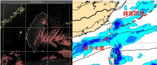 左圖:今(13)日5時色調強化雲圖顯示,各地幾乎晴朗無雲。右圖:最新(12日20時)歐洲模式(ECMWF),週三(15日)14時地面氣壓及降水圖顯示,鋒面雨帶南下,南方亦有水氣移入,北部、東半部及山區皆有降雨。(圖/翻攝自「氣象應用推廣基金會」)