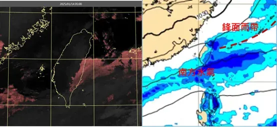 左圖：今(14)日5時色調強化雲圖顯示，陸地幾乎晴朗，花,東有一些低雲。右圖：最新(13日20時)歐洲模式(ECMWF)，明(15)日14時地面氣壓及降水圖顯示，鋒面雨帶南下，南方亦有水氣移入，北部、東半部及山區皆有降雨。（圖／翻攝自「氣象應用推廣基金會」網站）