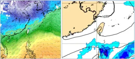 最新(20日20時)歐洲模式(ECMWF)，28日2時850百帕溫度及風場模擬圖顯示，零度(紅)線在北部陸地；最新(20日20時)歐洲模式(ECMWF)，29日20時地面氣壓及降水圖模擬圖顯示，高壓籠罩、各地晴朗。。（圖／翻攝自「氣象應用推廣基金會 洩天機教室」）