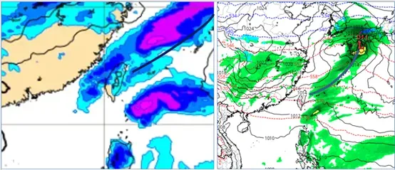 年初四20時地面氣壓及降水圖模擬圖，左圖為歐洲模式、右圖為美國模式。（圖／翻攝自「洩天機教室」）