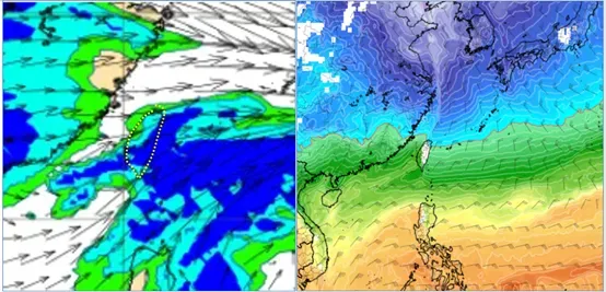 左圖為最新歐洲模式(ECMWF)，今日20時700百帕水氣及風場模擬圖顯示。右圖則為最週六20時850百帕氣溫及風場模擬圖顯示。（圖／氣象應用推廣基金會）
