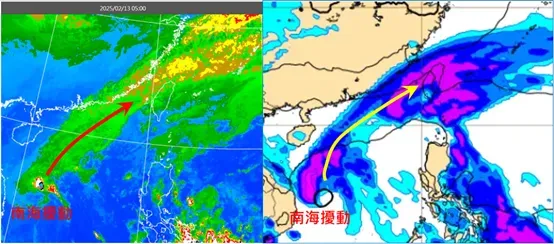 最新歐洲模式模擬顯示，今日鋒面挾「南海擾動」北上的水氣通過，伴隨大範圍明顯降雨。（圖／洩天機教室）