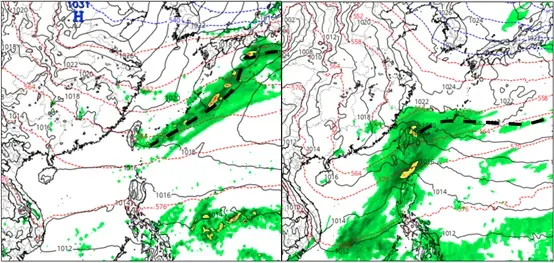 最新(18日20時)歐洲模式(ECMWF),模擬28日20時地面氣壓及降水圖顯示,鋒面快速掠過,鋒後冷空氣弱,降雨亦不明顯。最新(18日20時)美國模式(GFS),模擬28日20時地面氣壓及降水圖顯示,鋒面快速掠過,冷空氣不明顯,降雨則偏多。(圖/翻攝自「氣象應用推廣基金會」)